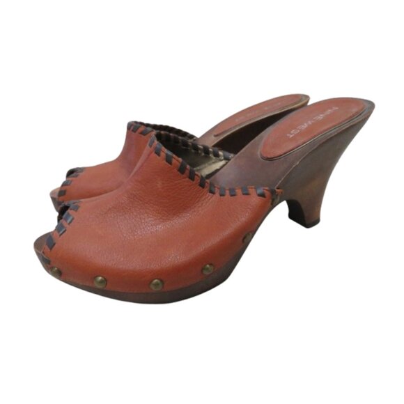 VINTAGE NINE WEST Y2K Cognac Tan Leather Studded Clog Heeled Mules Size US 6 - Picture 1 of 16
